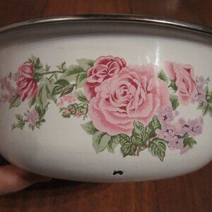 Vintage Floral Pink and Purple Enamel Bowl, White/ Silvertone Farmhouse Chic
